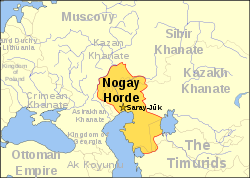 15世紀末，諾蓋汗國位於裏海東北岸的疆域， 西北面是喀山汗國、西面是克里米亞汗國、 西南面是阿斯特拉罕汗國、南面是帖木兒王朝、 東面是哈薩克汗國、東北面是西伯利亞汗國