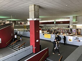 View of library and open area of main building, from mezzanine staff lounge