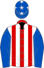 Racing silks with blue sleeves and a red-and-white-striped torso, a blue cap with stars