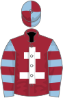 Maroon, white cross of lorraine, light blue and maroon hooped sleeves, quartered cap