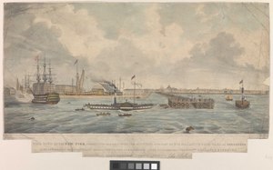 The southern part of the rebuilt Dockyard as seen from the river, c.1835: (l-r) part of the Dockyard Offices, the Victualling Store, Quadrangle Storehouse, covered No.2 Dock, Working Mast House, the new Town Pier, Blue Town.