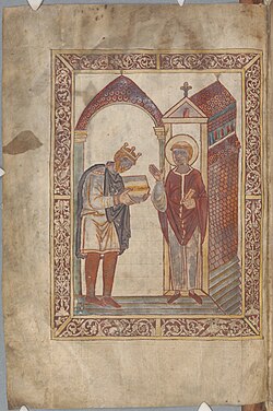 Æthelstan presenting a book to Saint Cuthbert