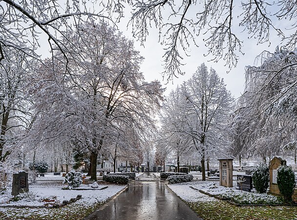 图为德国海尔布隆伯京根一坟场的冬日景观。