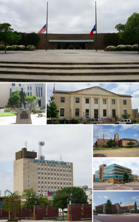 从上至下，左至右：朗维尤公共图书馆、退伍军人纪念碑、邮政局、国民银行、第一长老会教堂、石油大厦、第一浸信会教堂