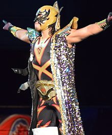 A masked wrestler posing on the ring ropes while wearing a sparky cape and a professional wrestling championship belt.