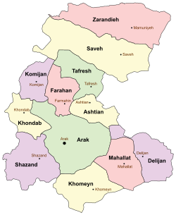 Location of Arak County in Markazi province (bottom center, green)