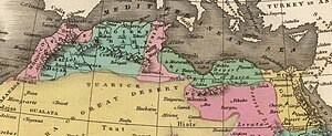 1824年的奥斯曼阿尔及利亚(浅蓝色部分)及整个巴巴利海岸[2]
