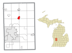 罗克福德在肯特县及密歇根州的位置（以红色标示）