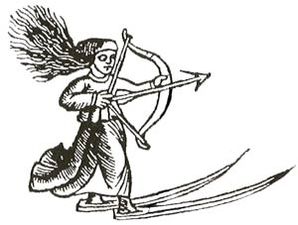 An early depiction of a skier—a Sami woman or goddess hunting on skis by Olaus Magnus (1553).