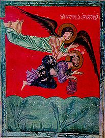 Archangel Michael takes Habakkuk to Daniel in the lion's Den (c. 1300).