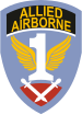 A blue shield with the word "Allied Airborne" on a black background near the top. The centre of the shield contains a white number one with yellow wings. At the bottom, a pair of crossed gladiator swords point down, on a purple-red background.