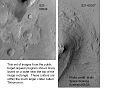 火星全球探勘者号拍摄的吉洪拉沃夫撞击坑内部。内部地层可能是因为火山、风或者水的作用沉积形成的。左边的数个撞击坑是底座形撞击坑。