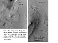 在公共目标计划中，火星全球探勘者号在阿拉伯区吉洪拉沃夫撞击坑中用火星轨道器相机观察到底座形撞击坑和岩层。岩层可能由火山、风或水下沉积物形成。部分研究人员认为该撞击坑曾经是一座巨大的湖泊。  