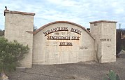 The front gate the historic Wranglers Roost Stagecoach Stop located in 2500 West New River Road in New River, Arizona. This was where the New River stagecoach stop was located in the late 1800’s. The current owners, Reid and Heidi Stewart, use the location, which was rebuilt in 1930, for weddings and as a resort.