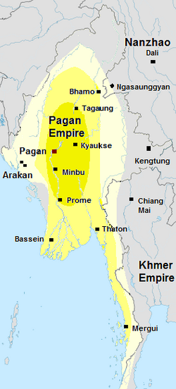 1210年的蒲甘帝国。 那罗波帝悉都在位时期的蒲甘版图。缅甸史书也提及领土包含景栋和清迈。核心区域以深黄绿色呈现。外围区域则以亮黄呈现。蒲甘在十三世纪将下缅甸几个重要港口并入其核心区域。