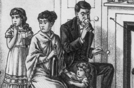 From an 1884 lithograph by M. Marques. The family's clothing and hairstyles have been updated to suit the times.