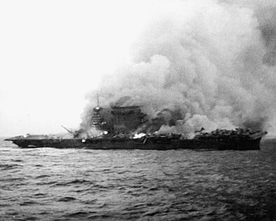 USS Lexington on fire during the Battle of the Coral Sea, 1942