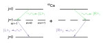 Ca40激發態的兩種衰變路徑。由於無法區分到底會選擇哪條路徑進行衰變，發射的兩個光子被糾纏在一起。