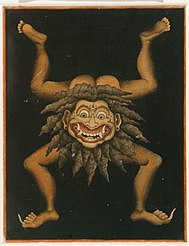 The artistic painting "upside down devil" is traditionally depicted as a monster standing on his hands, hanging on the door of a house to protect its inhabitants from evil influences. I. Dewa Gedé Soberat