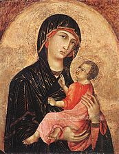 在1280年代，Duccio 也用粉红色描绘了基督的婴儿形象。