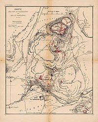 Map of Tel Megiddo and Lajjun in 1905. The village is at the dark knee of the stream