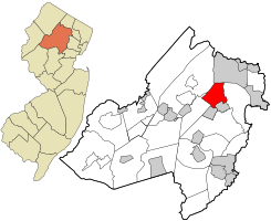 Location of Boonton Township in Morris County highlighted in red (right). Inset map: Location of Morris County in New Jersey highlighted in orange (left).