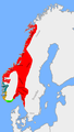 Petty kingdoms c. 872 AD (the unified kingdom shown in red) before the defining Battle of Hafrsfjord.