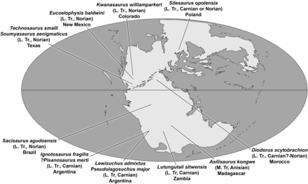 Map of the world during the Triassic with labels for where different animals lived