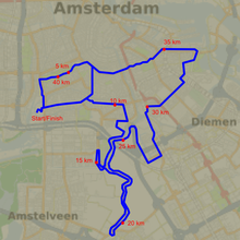 Map of Amsterdam with the route drawn in