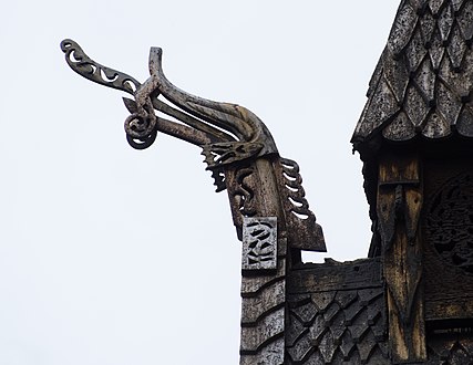 One of the four dragon heads adorning the ridges of the Borgund Stave Church.
