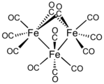 In triiron dodecacarbonyl, two CO ligands are bridging and ten are terminal ligands. The terminal and bridging CO ligands interchange rapidly.