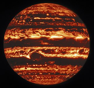 Infrared view of Jupiter, imaged by the Gemini North telescope in Hawaii, January 11, 2017. False colour added.
