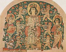 Byzantine tapestry, featuring Hestia seated in the middle. There are attendants surrounding her offering her gifts. The primary colors are green, red, and black on a yellowed background.