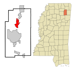 索尔蒂洛在李县及密西西比州的位置（以红色标示）