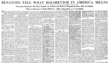 Newspaper clipping headlined "SENATORS TELL WHAT BOLSHEVISM IN AMERICA MEANS. Overman Committee Not Only Reports on German and Radical Propaganda Here, But Investigates Effect of Doctrines If Made Effective—Makes Suggestions as to Legislation"