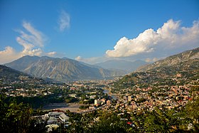 Aerial view of Muzaffarabad, which is situated in a valley formed by the confluence of the Neelam and Jhelum rivers