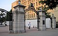 Gelman Library and ornamental gates on the campus of George Washington University in Washington, D.C.