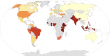 Map showing self-reported religiosity by country. Based on a 2015 worldwide survey by Pew.
