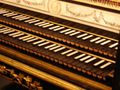 来自法国里昂的18世纪双排键盘大键琴的琴键，现存于巴黎音乐博物馆内。