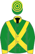 Green, yellow cross belts, collar and cuffs, hooped cap