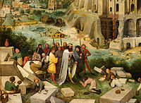 The king and entourage visiting the builders. Bruegel's signature at bottom right.