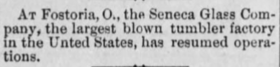 short September 1893 newspaper article saying Seneca Glass has resumed operations