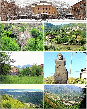 From top left: Tumanyan Central square Kobayr monastery • Debed River House of culture • Statue of Hovhannes Tumanyan Debed River gorge • Tumanyan landscape