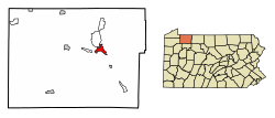 Location of Warren in Warren County, Pennsylvania (left) and of Warren County in Pennsylvania (right)