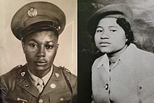 Black and white photos of Williams' parents. Willie Herbert Williams in dressed in his US army uniform. Ada Jane Williams is in a light-colored dress and hat.