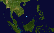 Tracking map of Tropical Depression 01W. The system remained quasi-stationary while southeast of Vietnam.