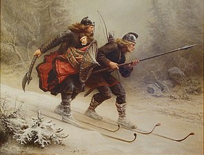 Loyal retainers transporting Prince Haakon IV of Norway to safety on skis during the winter of 1206—1869 depiction by Knud Bergslien.