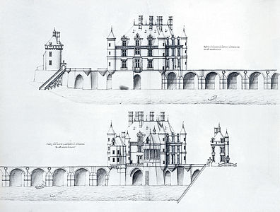 The bridge over the Loire of the Chateau de Chenonceau was designed and built by de l'Orme[10] (drawing by Jacques Androuet du Cerceau)