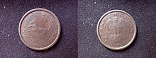 Both sides of copper-coloured coin