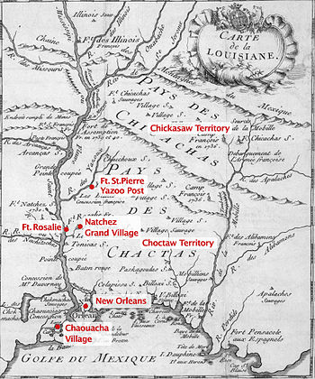 A black-and-white map of the lower Mississippi region labeled "Carte de la Louisiane"; labels have been added to mark major forts, settlements, and tribal territories